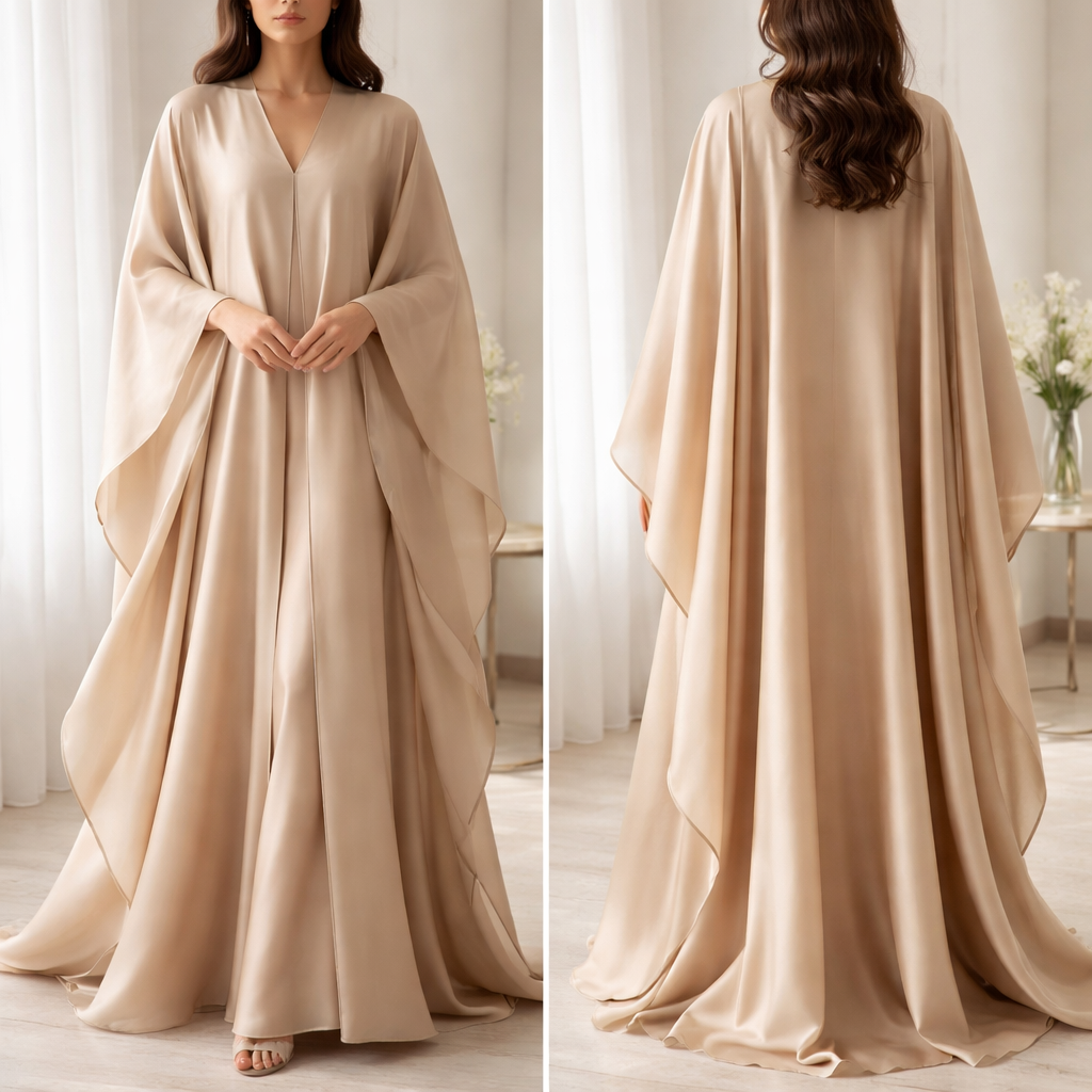 Fabric & Color:
The abaya is crafted from a luxurious, lightweight satin-organza fabric with a subtle silk-like sheen. The fabric is fluid, breathable, and softly structured, allowing graceful movement ' while maintaining an elegant drape. The color is a goldfish beige with cool undertones, appearing rich and luminous under light.
Design & Silhouette:
The abaya features a full-length, loose silhouette designed for an effortless and regal flow. The cut is minimal and refined, emphasizing elegance without stiffness, and fully harmonizes with the dress made from the same fabric.
Sleeves:
Designed with wide, flowing cape-style sleeves that extend seamlessly from the shoulder to the hem. The sleeves are unstructured and airy, creating a dramatic yet soft cascading effect when worn. The fabric layers naturally, adding depth and fluidity without heaviness.
Details & Finish:
The abaya is free of heavy embellishments to highlight the beauty of the fabric itself. Finished with clean, fine edges and invisible stitching for a polished and luxurious appearance. The ' overall design reflects understated sophistication and timeless elegance.
Fabric & Color:
The abaya is crafted from a luxurious, lightweight satin-organza fabric with a subtle silk-like sheen. The fabric is fluid, breathable, and softly structured, allowing graceful movement ' while maintaining an elegant drape. The color is a goldfish beige with cool undertones, appearing rich and luminous under light.
Design & Silhouette:
The abaya features a full-length, loose silhouette designed for an effortless and regal flow. The cut is minimal and refined, emphasizing elegance without stiffness, and fully harmonizes with the dress made from the same fabric.
Sleeves:
Designed with wide, flowing cape-style sleeves that extend seamlessly from the shoulder to the hem. The sleeves are unstructured and airy, creating a dramatic yet soft cascading effect when worn. The fabric layers naturally, adding depth and fluidity without heaviness.
Details & Finish:
The abaya is free of heavy embellishments to highlight the beauty of the fabric itself. Finished with clean, fine edges and invisible stitching for a polished and luxurious appearance. The ' overall design reflects understated sophistication and timeless elegance.
, show front and back