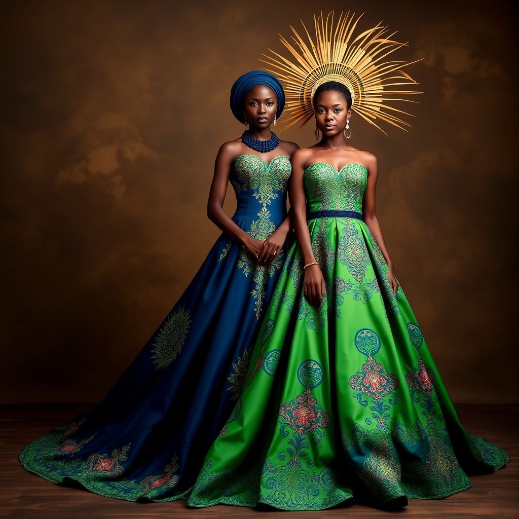Ijaw cultural wedding dress
Design a stunning Ijaw cultural wedding dress featuring intricate hand-embroidery inspired by traditional motifs. The gown showcases a flowing silhouette with a vibrant blend of deep indigo and lush green fabrics, symbolizing the riverine heritage. Accentuate with beaded accessories and a dramatic headpiece made of woven palm fronds for an unforgettable look.