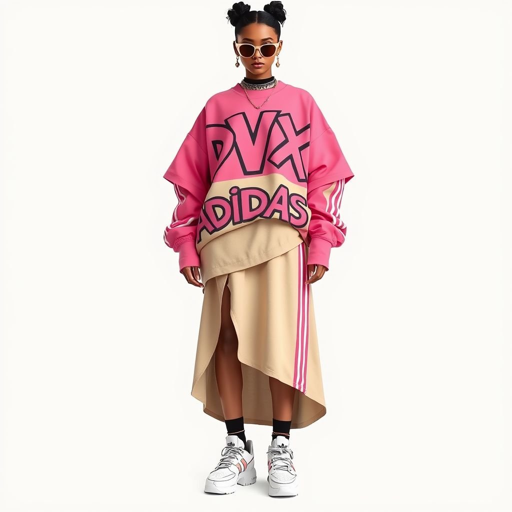 A pink and beige two toned cotton shirt and skirt, that says “DV X Adidas” on it, with 3stripes
Design a striking streetwear ensemble featuring a pink and beige two-toned oversized cotton shirt, adorned with bold graffiti-style "DV X Adidas" lettering. Pair this with a coordinated high-low skirt that showcases the iconic three-stripe design down the sides. Accentuate with chunky sneakers and edgy accessories for a complete urban look.