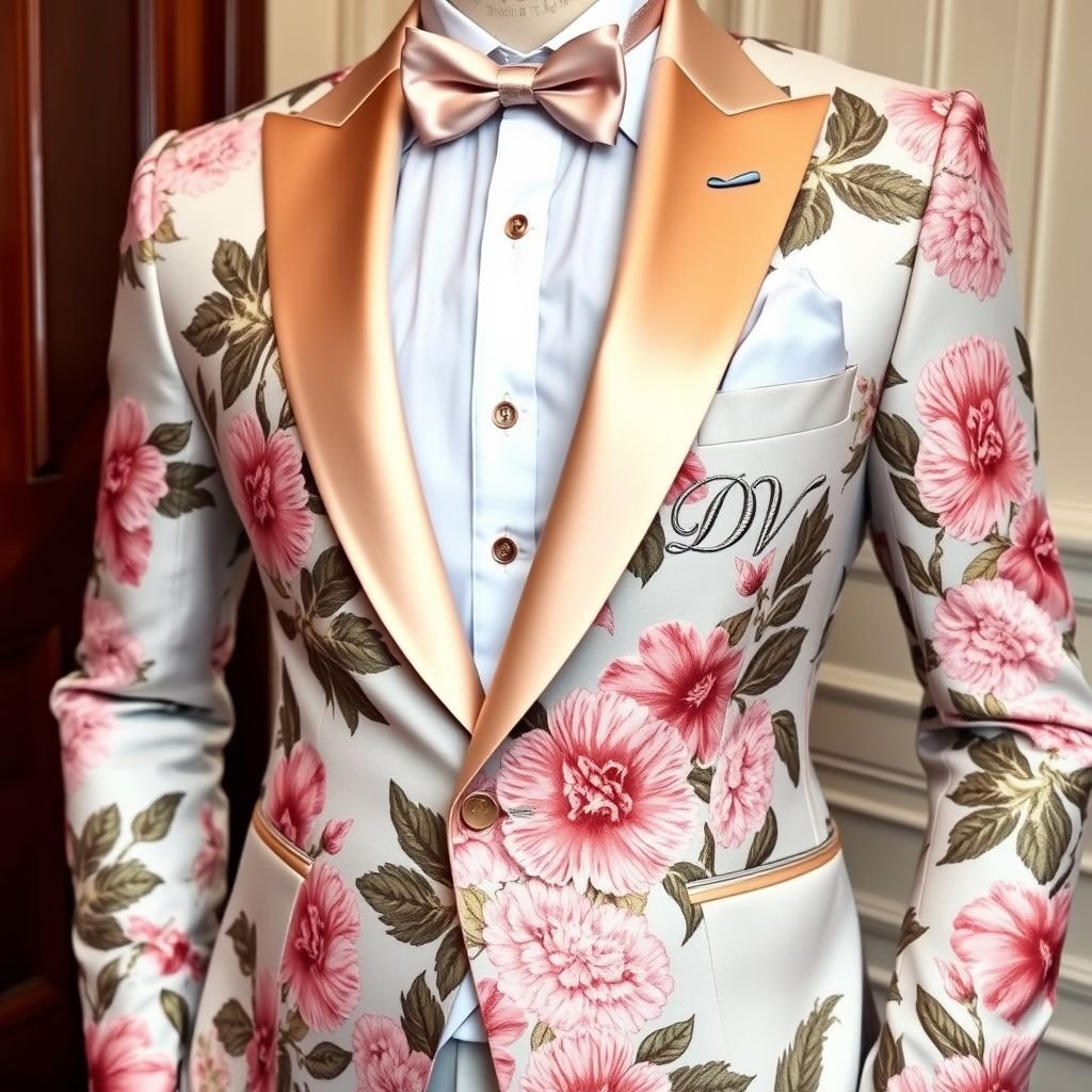 men’s suit. 3 peice floral tuxedo suit.. Put “DV” somewhere on it
Design a refined men’s three-piece suit featuring a luxurious floral print in soft pastels, exuding sophistication and elegance. The fitted tuxedo jacket boasts satin lapels, while tailored trousers complete the look. Embellish the pocket square with "DV" embroidered in elegant script. Perfect for formal occasions, blending classic style with modern flair.