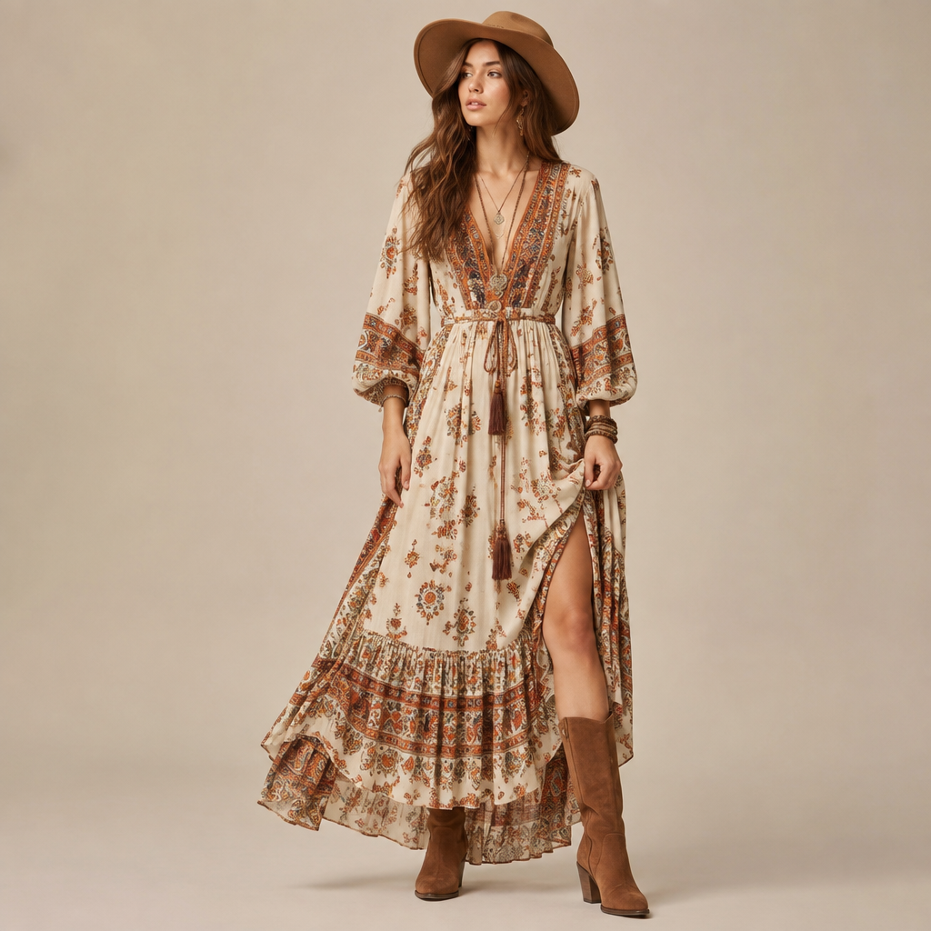 A Female fashion design, in Bohemian style Present it as professional fashion catalogue photography: the garment is the subject, shown full-length with editorial styling, neutral posing and tasteful, non-suggestive framing.
photorealistic fashion design, A Female fashion design, in Bohemian style Present it as professional fashion catalogue photography: the garment is the subject, shown full-length with editorial styling, neutral posing and tasteful, non-suggestive framing., bohemian style, just the design no text
