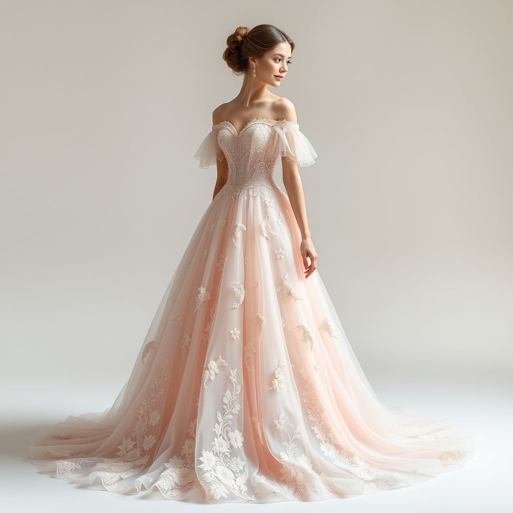 Ballkleid
Create an ethereal ball gown that combines the romance of Victorian elegance with modern minimalism. Picture an off-the-shoulder silhouette adorned with delicate lace details, flowing chiffon layers, and a dramatic train. The gown features a soft pastel palette, highlighted by shimmering sequins and embroidered floral motifs, evoking a dreamlike, fairy-tale essence.