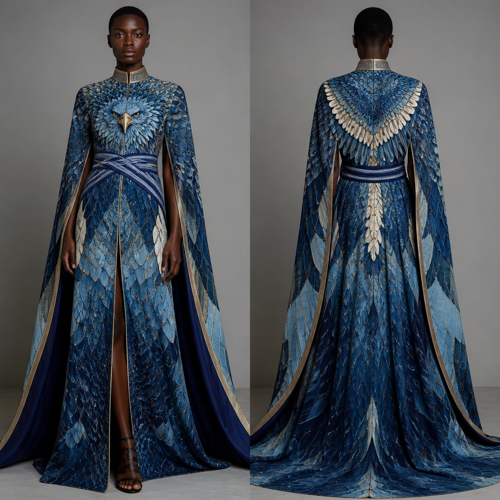 A Unisex Dress design, suitable for Summer, in Haute Couture style. um vestido estilo africano com aparência de águia azul 💙. Portugal fashion aesthetics.
photorealistic fashion design, A Unisex Dress design, suitable for Summer, in Haute Couture style. um vestido estilo africano com aparência de águia azul 💙. Portugal fashion aesthetics., haute_couture style, just the design no text