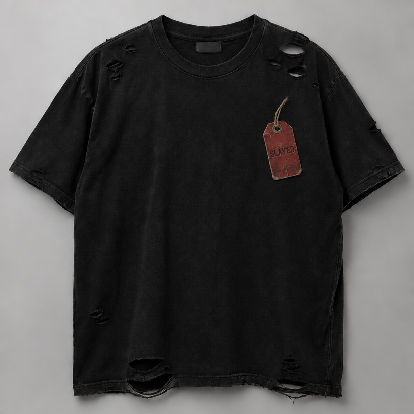 Remove image within price tag and engrave the word slaved
edit the attached fashion design with these instructions: Remove image within price tag and engrave the word slaved. keep it photorealistic, just the design no text