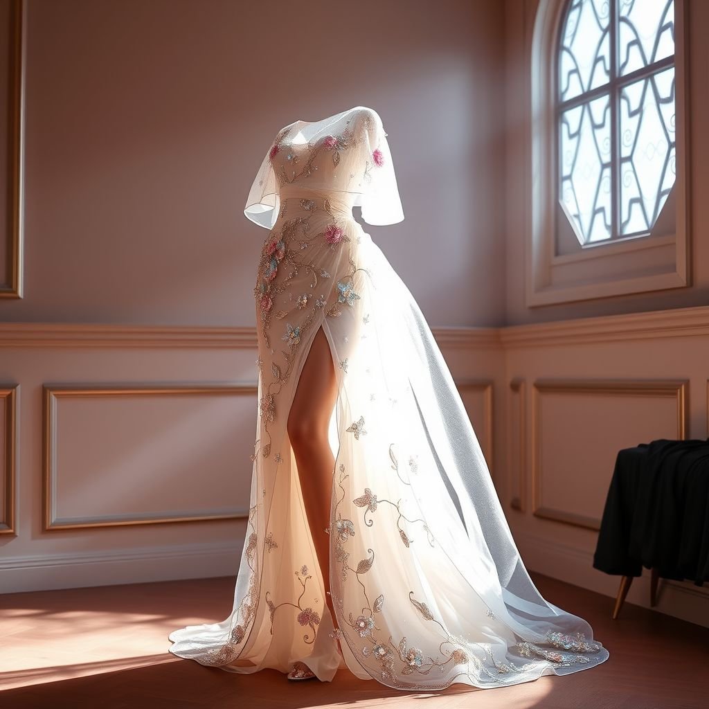 dresses
Design a captivating evening gown featuring an asymmetrical silhouette with cascading layers of sheer fabric, playing with light and texture. The dress should be adorned with intricate floral embroidery and iridescent sequins. Incorporate a daring thigh-high split and a dramatic train, blending elegance with a touch of avant-garde flair.