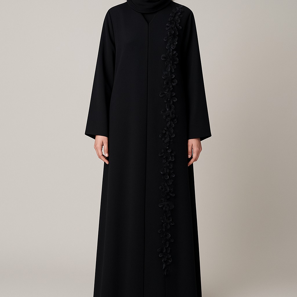 The Classic Floral Side-Line Abaya
Tone: Jet Black
Design:
A straight line of delicate 3D flowers + stones running down one side only.
Why it will sell:
Very slimming, minimal, elegant — perfect for everyday + occasions.
The Classic Floral Side-Line Abaya
Tone: Jet Black
Design:
A straight line of delicate 3D flowers + stones running down one side only.
Why it will sell:
Very slimming, minimal, elegant — perfect for everyday + occasions.