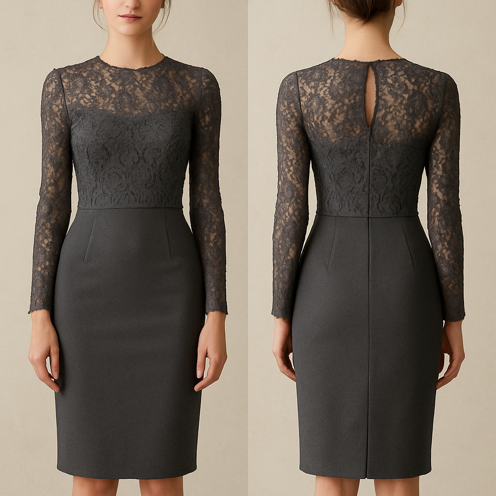 The top layer is lace, tight-fitting, followed by a fitted skirt made of soft fabric.
The top layer is lace, tight-fitting, followed by a fitted skirt made of soft fabric., show front and back
