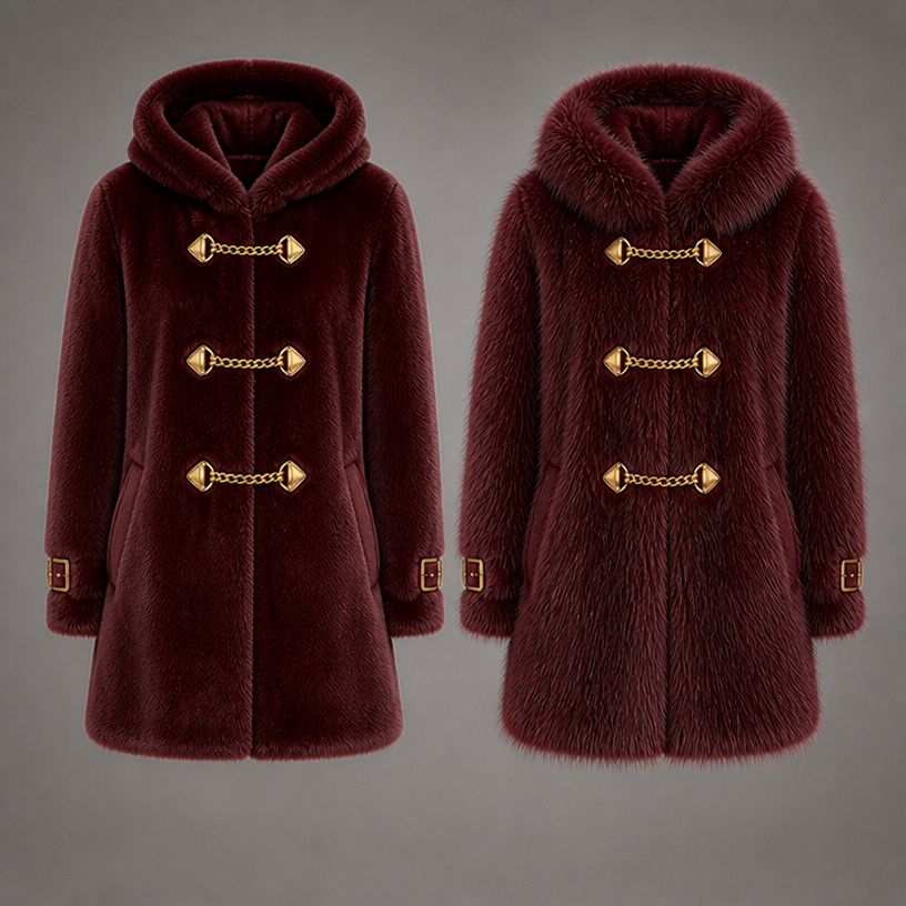 Make this in mink fur and another coat in fox fur two coats on this page same coat and same color
edit the attached fashion design with these instructions: Make this in mink fur and another coat in fox fur two coats on this page same coat and same color. keep it photorealistic, just the design no text