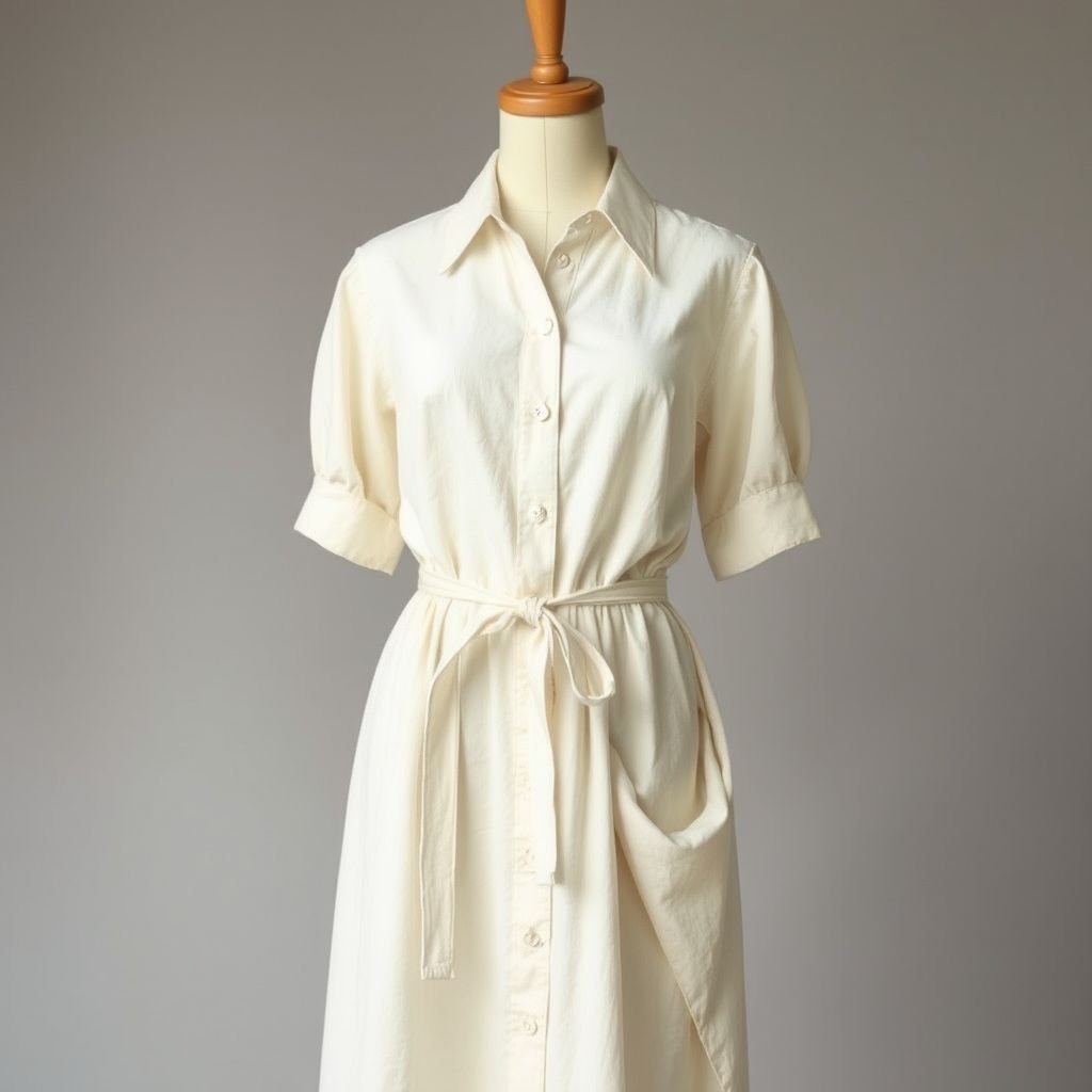 Cotton collared dress straight cut with tie behind on the waist and half sleeves with little drape in hip and tummy region with a tie at behind the length of the dress could be ankle
Design a classic cotton collared dress featuring an elegant straight cut that gracefully cinches at the waist with a soft tie. The half sleeves evoke vintage charm while delicate drapes at the hip and tummy add a touch of sophistication. Ankle-length, this timeless piece blends comfort with refined grace in a neutral palette.