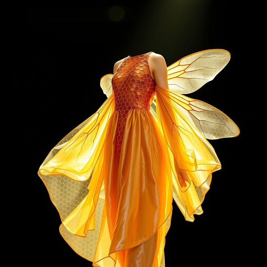 A honey bee & honey comb themed spring day dress.
Design a gender-fluid spring day dress that captures the essence of honey bees and honeycombs. Incorporate iridescent fabrics mimicking the golden hues of honey, creating fluid silhouettes that drape elegantly on all bodies. Feature hexagonal cutouts, playful layering, and accessories inspired by bee wings, promoting natural beauty and harmony for everyone.