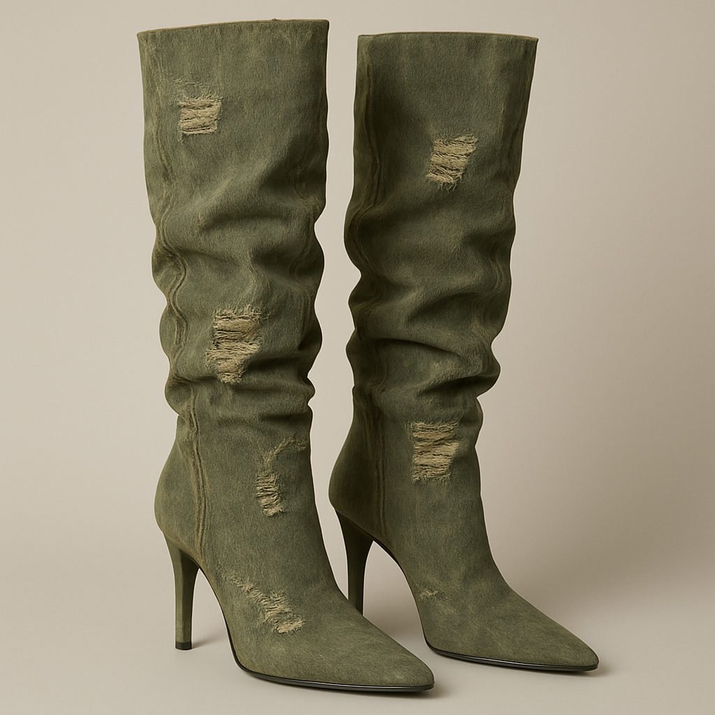 Green heel Boots pointy toe denim metireal whith roughed up areas knee high reallybaggy at the calves part khaki green
Green heel Boots pointy toe denim metireal whith roughed up areas knee high reallybaggy at the calves part khaki green