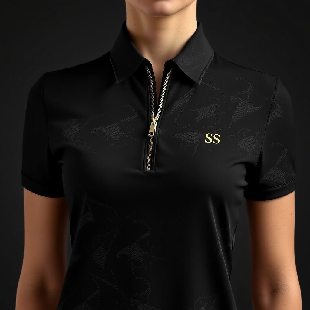Design a sexy elegant Cotten material female slim fit polo shirt with SS logo on the right side of chest can be worn casually with half way zipper instead of button in black and gold
Design an elegant classic cotton slim-fit polo shirt for women, featuring a sophisticated half-zipper closure, replacing traditional buttons. The shirt is tailored in rich black, accented with luxurious gold detailing and an SS logo on the right chest. This versatile piece exudes timeless charm, ideal for both casual and refined settings.