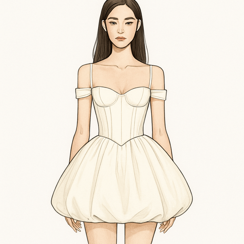 Mini dress with corset top Bardot thin straps sitting below shoulders
Skirt part to be puffball
Corset longer and straight across at end