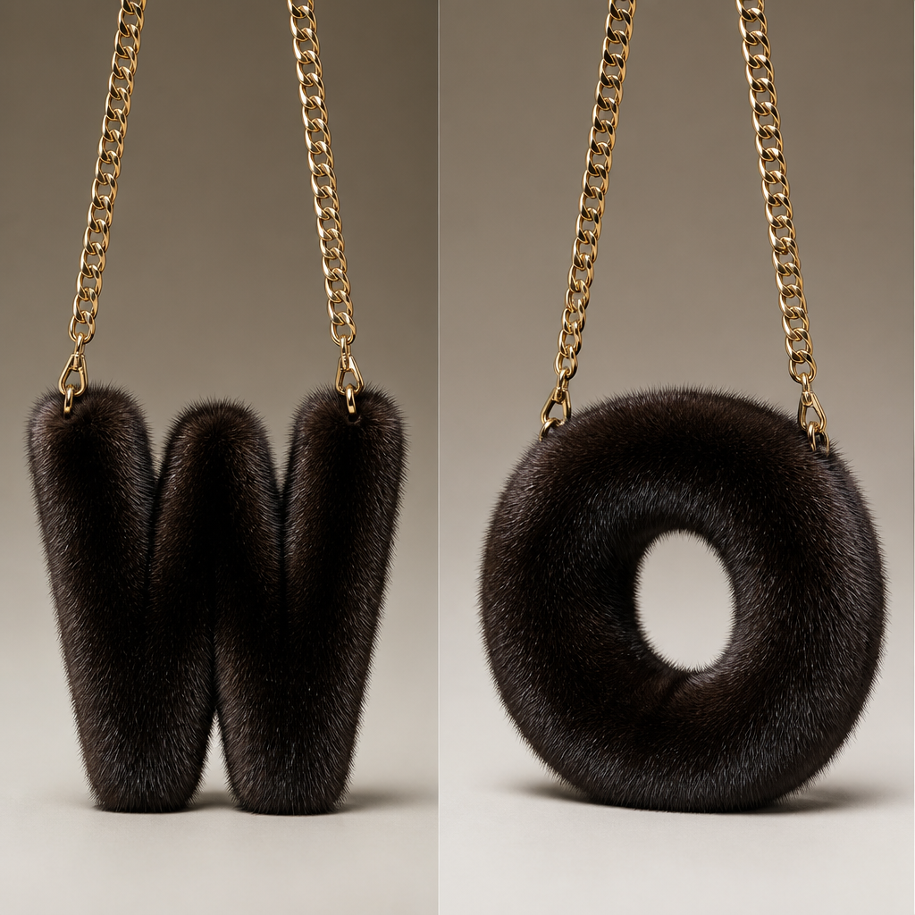 I need a mink bag in the shape of a W and a O with a gold long thickness chain
photorealistic fashion design, I need a mink bag in the shape of a W and a O with a gold long thickness chain , haute_couture style, just the design no text