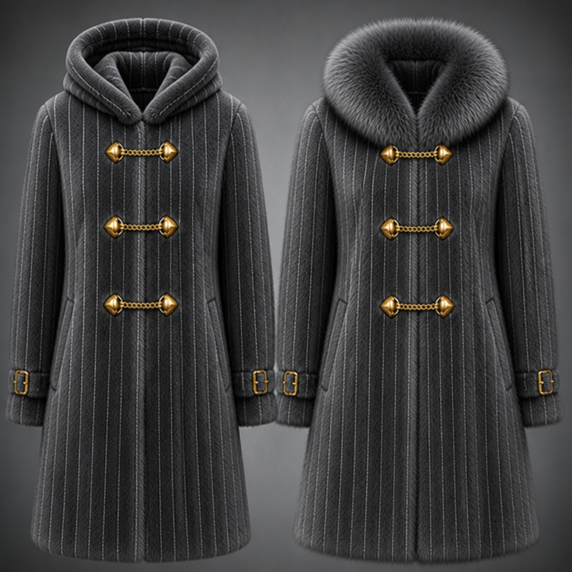 Same two coats one mink and fox fur Men’s coats in the color grey pinstriped
edit the attached fashion design with these instructions: Same two coats one mink and fox fur Men’s coats in the color grey pinstriped. keep it photorealistic, just the design no text