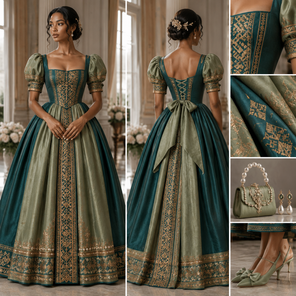 A Unisex Habesha Kemis design, with a soft, cosy hand, suitable for Summer, in Classic style, shown on a model with brown skin. regency era ball gown
colour: peacock teal
sage green
goldenrod gold telet
Fabric cotton
shoes : sage bow sling back
bag fancy purses sage green
sage green pearl with earrings
make up elegant
show all detail of the fabric colour design Present it as professional fashion catalogue photography: the garment is the subject, shown full-length with editorial styling, neutral posing and tasteful, non-suggestive framing.
photorealistic fashion design, A Unisex Habesha Kemis design, with a soft, cosy hand, suitable for Summer, in Classic style, shown on a model with brown skin. regency era ball gown
colour: peacock teal
sage green
goldenrod gold telet
Fabric cotton
shoes : sage bow sling back
bag fancy purses sage green
sage green pearl with earrings
make up elegant
show all detail of the fabric colour design Present it as professional fashion catalogue photography: the garment is the subject, shown full-length with editorial styling, neutral posing and tasteful, non-suggestive framing., classic style, just the design no text, show front and back