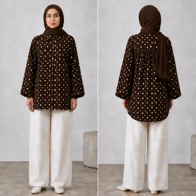 Make the white dots 2cm smaller
edit the attached fashion design with these instructions: Make the white dots 2cm smaller. keep it photorealistic, just the design no text