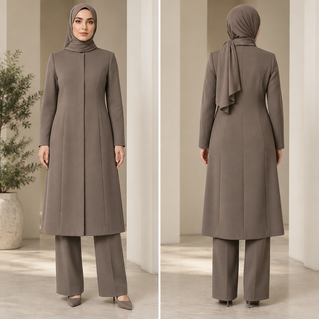 A Female Coat design, in Formal style. A modest long women's manteau (overcoat), length 110 cm. The front features two symmetrical (mirrored) vertical dart seams that are stitched into the fabric, creating a subtle and artistic structural shape. No overlapping layers, no extra flaps, and no open slits. Made of plain, solid-color fabric with no embroidery, no prints, and no extra decorations. The design should look elegant and modern. Styled with a matching modest headscarf (maghnaeh) and loose-fitting pants (shalvar). Full-body fashion design illustration, front view. IR fashion aesthetics. Present it as professional fashion catalogue photography: the garment is the subject, shown full-length with editorial styling, neutral posing and tasteful, non-suggestive framing.
photorealistic fashion design, A Female Coat design, in Formal style. A modest long women's manteau (overcoat), length 110 cm. The front features two symmetrical (mirrored) vertical dart seams that are stitched into the fabric, creating a subtle and artistic structural shape. No overlapping layers, no extra flaps, and no open slits. Made of plain, solid-color fabric with no embroidery, no prints, and no extra decorations. The design should look elegant and modern. Styled with a matching modest headscarf (maghnaeh) and loose-fitting pants (shalvar). Full-body fashion design illustration, front view. IR fashion aesthetics. Present it as professional fashion catalogue photography: the garment is the subject, shown full-length with editorial styling, neutral posing and tasteful, non-suggestive framing., formal style, just the design no text