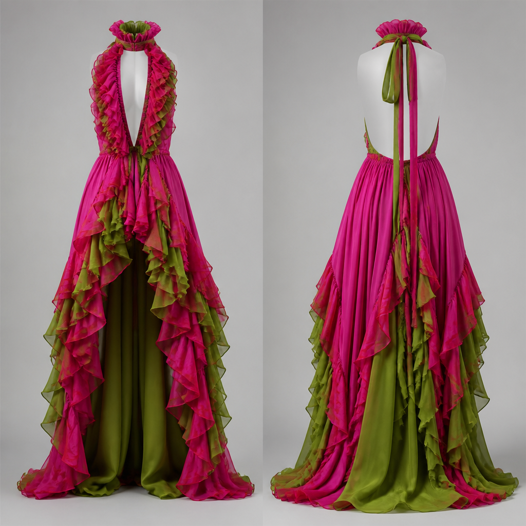 Halter style deep ruffle in the front and a high neck ruffle short in front and long in the back dress in fuschia and green no model
photorealistic fashion design, Halter style deep ruffle in the front and a high neck ruffle short in front and long in the back dress in fuschia and green no model , haute_couture style, just the design no text, show front and back
