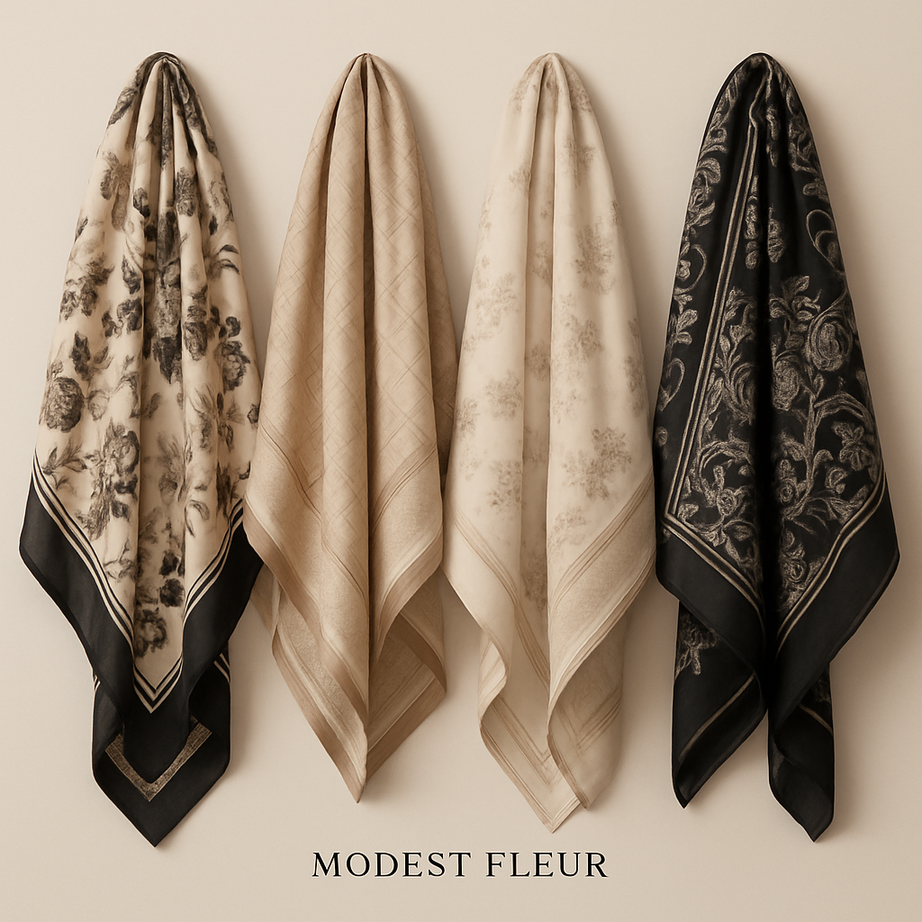 Create me different designs of scarves first In the world by making them unique and chic sophisticated for my brand "Modest Fleur
Create me different designs of scarves first In the world by making them unique and chic sophisticated for my brand "Modest Fleur