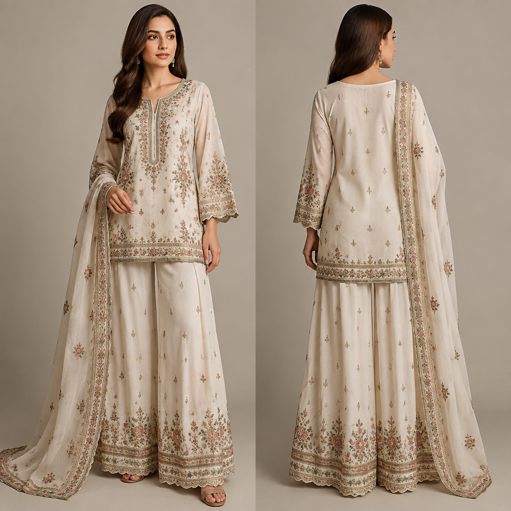 Short shirt and Plazzo pants shalwar kamees
photorealistic fashion design, Short shirt and Plazzo pants shalwar kamees
, cultural style, just the design no text, show front and back