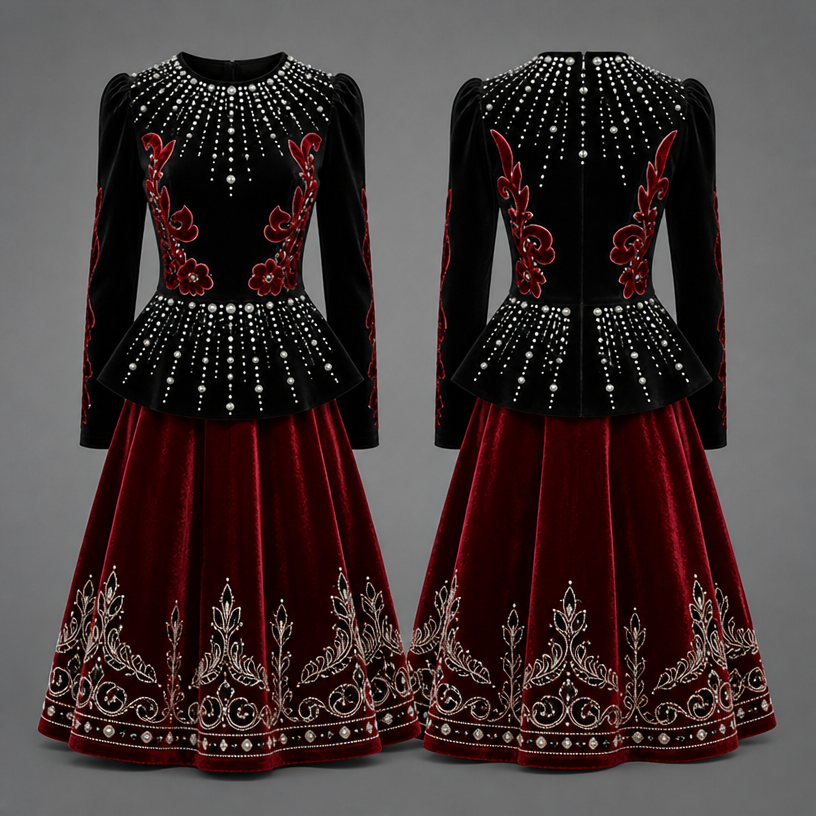 Add a red velvet skirt with white black embellishment
edit the attached fashion design with these instructions: Add a red velvet skirt with white black embellishment. keep it photorealistic, just the design no text
