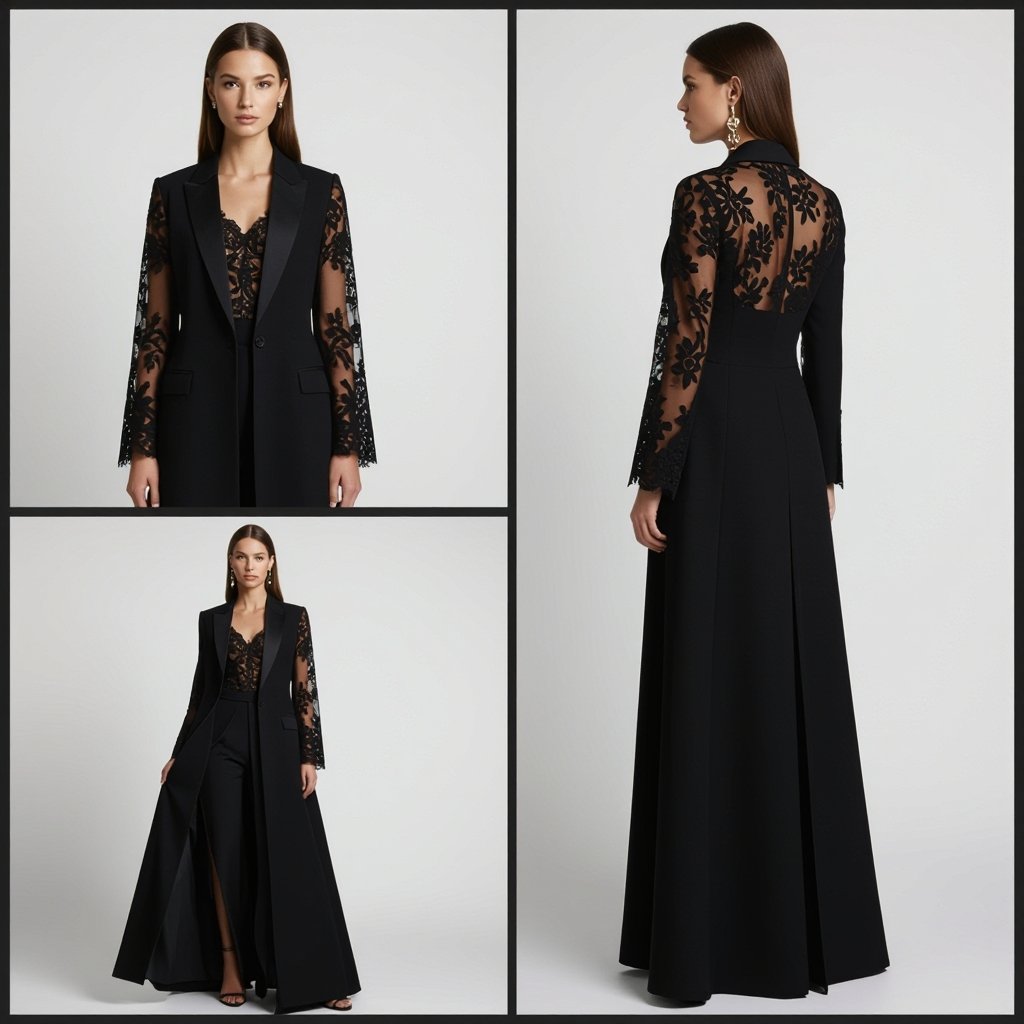 Abaya Blazer Design – Elegant Black Edition (Ankle Length) • Outer Fabric: • Worsted Wool Blend or Gabardine Wool in a luxurious black shade. • A refined, structured fabric that gives the abaya a strong and formal appearance. • Inner Lining: • Bemberg Rayon or Silk Satin in black or dark grey for added comfort and luxury. • Key Details: • A-Line cut with a graceful flow, tailored to ankle length instead of floor length, offering practicality and freedom of movement. • Slim feminine blazer lapel in a classic blazer style. • Hidden inner closure to maintain a clean, streamlined look. • French Lace Integration: • Placement Options: • Full sleeves made from luxurious black French lace for a distinctive feminine touch. • Or lace panels integrated along the sides of the chest, creating a seamless blend of wool and lace. • Pattern: Refined floral and leafy motifs with delicate raised embroidery and subtle transparency. • Effect: Adds depth and elegance, softening the black fabric with a bold, feminine character. • Back Design: • The back is kept plain and minimal, with a small center slit at the hem to enhance movement and highlight the blazer aesthetic. ⸻ ✨ Result: An ankle-length abaya blazer crafted in luxurious black (Worsted/Gabardine) with elegant French lace detailing, blending formality, boldness, and refined femininity — perfect for evening gatherings and formal occasions.
Haute Couture fashion: Ankle-length abaya blazer in black wool gabardine. French lace sleeves with floral and leaf motifs or lace panels at chest. Slim lapel, hidden closure, subtle back slit. Black silk lining.