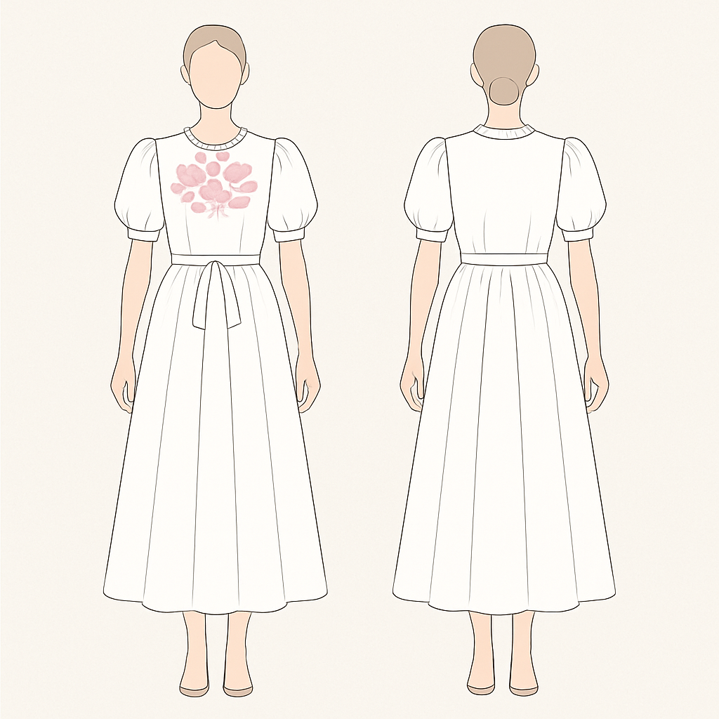 White frock with round neck with frill and puff short hand frock full length with box pleated pink color flowers in the front chest and add a belt in the stomach
White frock with round neck with frill and puff short hand frock full length with box pleated pink color flowers in the front chest and add a belt in the stomach , minimalist style, show front and back