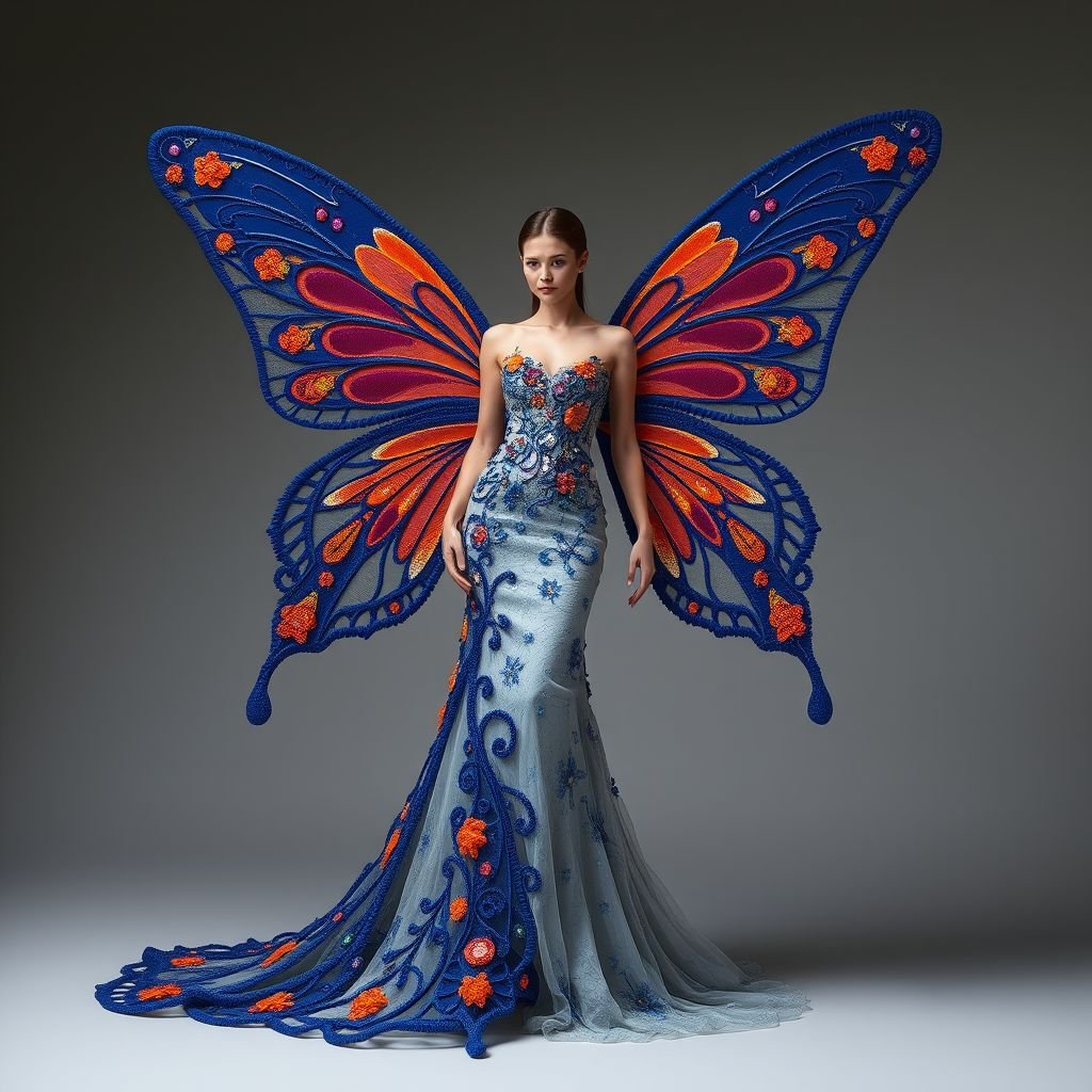 Let’s create a beautiful couture dress, sexy, deep rich blues embroidery with slight beadings of orange and plum. It’s a butterfly but the front is one butterfly wing and the back is the other butterfly wing. The embroidery is in a 3D shape that looks real and alive with crystals sparkling. The left side is the body of the butterfly and stops mid thigh and the wings start from there and goes to the slanting across to the floor on the right side.
Design an enchanting haute couture gown that embodies elegance and whimsy. The dress features intricate, deep blue embroidery, enhanced by vibrant orange and plum beadwork. Skillfully crafted, one side mimics a butterfly's body, cascading mid-thigh, while the other transforms into sprawling wings that glide toward the floor, adorned with shimmering crystals, creating a breathtaking 3D effect. Each detail should evoke the essence of nature's grace, merging fantasy with high fashion.