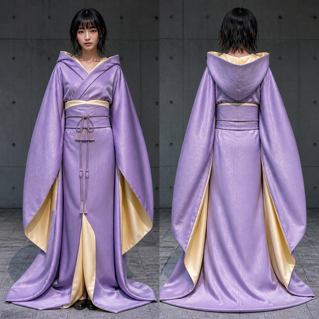 A Dress design, in Japanese Street style. Traditional full length kimono in heavy, thick lavender colored silk. Sleeves are inverted teardrop shape. Wide collar becomes a hood in back. Lined in pale yellow silk. Full view, back and front.
photorealistic fashion design, A Dress design, in Japanese Street style. Traditional full length kimono in heavy, thick lavender colored silk. Sleeves are inverted teardrop shape. Wide collar becomes a hood in back. Lined in pale yellow silk. Full view, back and front., japanese_street style, just the design no text