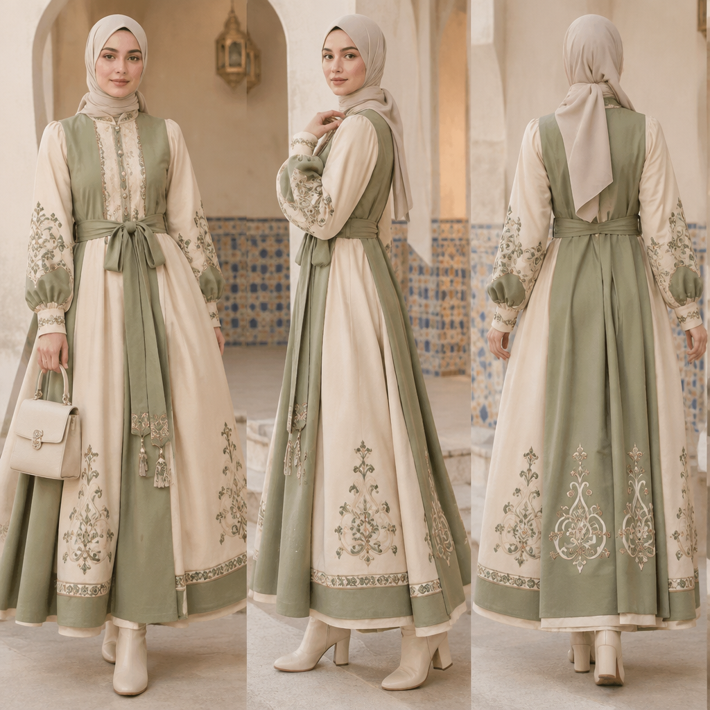 A Female Dress design, with modest, full coverage: longer hemlines, higher necklines and covered shoulders, suitable for Fall, in Kawaii style. Algeria fashion aesthetics. Present it as professional fashion catalogue photography: the garment is the subject, shown full-length with editorial styling, neutral posing and tasteful, non-suggestive framing.
photorealistic fashion design, A Female Dress design, with modest, full coverage: longer hemlines, higher necklines and covered shoulders, suitable for Fall, in Kawaii style. Algeria fashion aesthetics. Present it as professional fashion catalogue photography: the garment is the subject, shown full-length with editorial styling, neutral posing and tasteful, non-suggestive framing., kawaii style, just the design no text