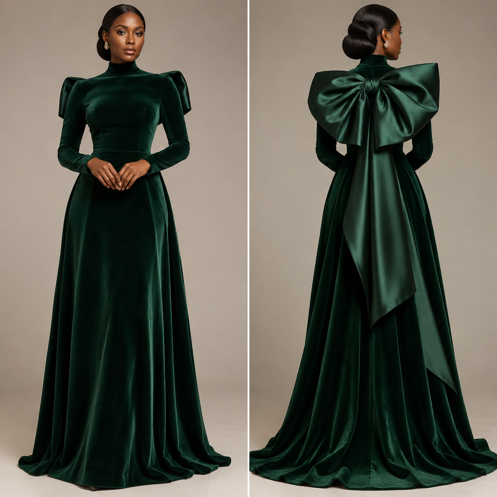 Create an original high-fashion modest evening dress called “The Bow.”
Design a floor-length elegant gown with a clean, sculpted silhouette and long fitted sleeves. The dress should have a sophisticated high neckline and full coverage. Add one dramatic oversized sculptural bow at the back, extending slightly onto the shoulders, creating a beautiful statement from both the front and back.
Use luxurious deep emerald green velvet with subtle satin detailing on the bow. The fabric should look rich, soft, and expensive.
Keep the design feminine, classy, modern, and distinctive, with a subtle African luxury-fashion influence. No slit, no transparency, no exposed midriff, and no excessive decorations.
Present it as a realistic professional couture fashion design, full-body view, clean studio background, elegant lighting, highly detailed fabric texture and garment construction. No text, no logos, no watermark.
photorealistic fashion design, Create an original high-fashion modest evening dress called “The Bow.”
Design a floor-length elegant gown with a clean, sculpted silhouette and long fitted sleeves. The dress should have a sophisticated high neckline and full coverage. Add one dramatic oversized sculptural bow at the back, extending slightly onto the shoulders, creating a beautiful statement from both the front and back.
Use luxurious deep emerald green velvet with subtle satin detailing on the bow. The fabric should look rich, soft, and expensive.
Keep the design feminine, classy, modern, and distinctive, with a subtle African luxury-fashion influence. No slit, no transparency, no exposed midriff, and no excessive decorations.
Present it as a realistic professional couture fashion design, full-body view, clean studio background, elegant lighting, highly detailed fabric texture and garment construction. No text, no logos, no watermark., just the design no text