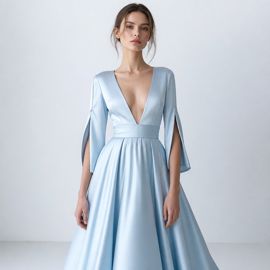 A Female fashion design. на молодой женщине светлое голубое атласное платье А-силуэта, с выраженным декольте рукавами 2/3 с разрезами.. BY fashion aesthetics.
photorealistic fashion design, A Female fashion design. на молодой женщине светлое голубое атласное платье А-силуэта, с выраженным декольте рукавами 2/3 с разрезами.. BY fashion aesthetics., just the design no text