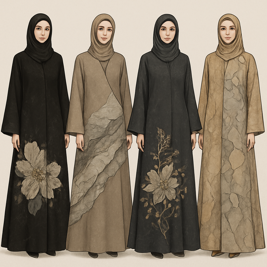 Create a modest abaya that's the first of its kind, featuring a unique stone design that exudes a classy and sophisticated vibe. I'd like four designs, each showcasing different styles and fabrics.Incorporate high-end, unique chic stone designs to make them truly special. And add little cute touch of sophisticated stone designs. Add huge flower and unique designs.
Create a modest abaya that's the first of its kind, featuring a unique stone design that exudes a classy and sophisticated vibe. I'd like four designs, each showcasing different styles and fabrics.Incorporate high-end, unique chic stone designs to make them truly special. And add little cute touch of sophisticated stone designs. Add huge flower and unique designs.