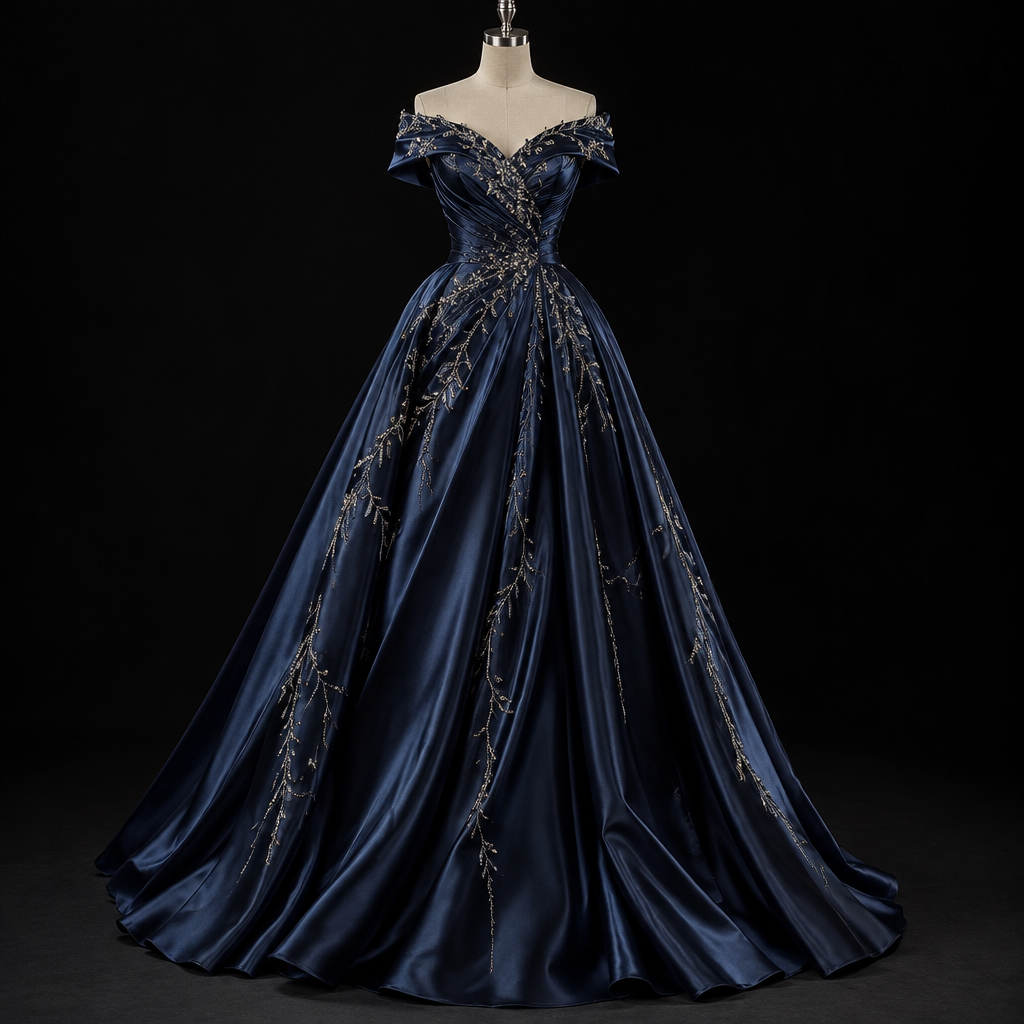 A Female Dress design, suitable for Fall. Design an elegant, luxurious, dark navy blue evening gown for a formal night event. The dress should have a beautiful flowing floor-length skirt, a fitted waist, delicate sparkling details, and a sophisticated off-the-shoulder neckline. Use high-quality satin fabric with a soft shine, subtle silver embroidery, and a graceful silhouette. Make the design unique, feminine, classy, and breathtaking, like a luxury haute couture fashion collection. Show the full dress clearly on a mannequin against a simple black background, with professional fashion studio lighting and realistic fabric details.. Israel fashion aesthetics. Present it as professional fashion catalogue photography: the garment is the subject, shown full-length with editorial styling, neutral posing and tasteful, non-suggestive framing.
photorealistic fashion design, A Female Dress design, suitable for Fall. Design an elegant, luxurious, dark navy blue evening gown for a formal night event. The dress should have a beautiful flowing floor-length skirt, a fitted waist, delicate sparkling details, and a sophisticated off-the-shoulder neckline. Use high-quality satin fabric with a soft shine, subtle silver embroidery, and a graceful silhouette. Make the design unique, feminine, classy, and breathtaking, like a luxury haute couture fashion collection. Show the full dress clearly on a mannequin against a simple black background, with professional fashion studio lighting and realistic fabric details.. Israel fashion aesthetics. Present it as professional fashion catalogue photography: the garment is the subject, shown full-length with editorial styling, neutral posing and tasteful, non-suggestive framing., just the design no text