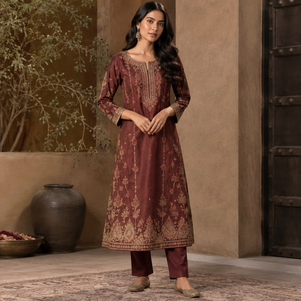 A Female Dress design, suitable for Fall. it's a kurta. India fashion aesthetics. Present it as professional fashion catalogue photography: the garment is the subject, shown full-length with editorial styling, neutral posing and tasteful, non-suggestive framing.
photorealistic fashion design, A Female Dress design, suitable for Fall. it's a kurta. India fashion aesthetics. Present it as professional fashion catalogue photography: the garment is the subject, shown full-length with editorial styling, neutral posing and tasteful, non-suggestive framing., just the design no text