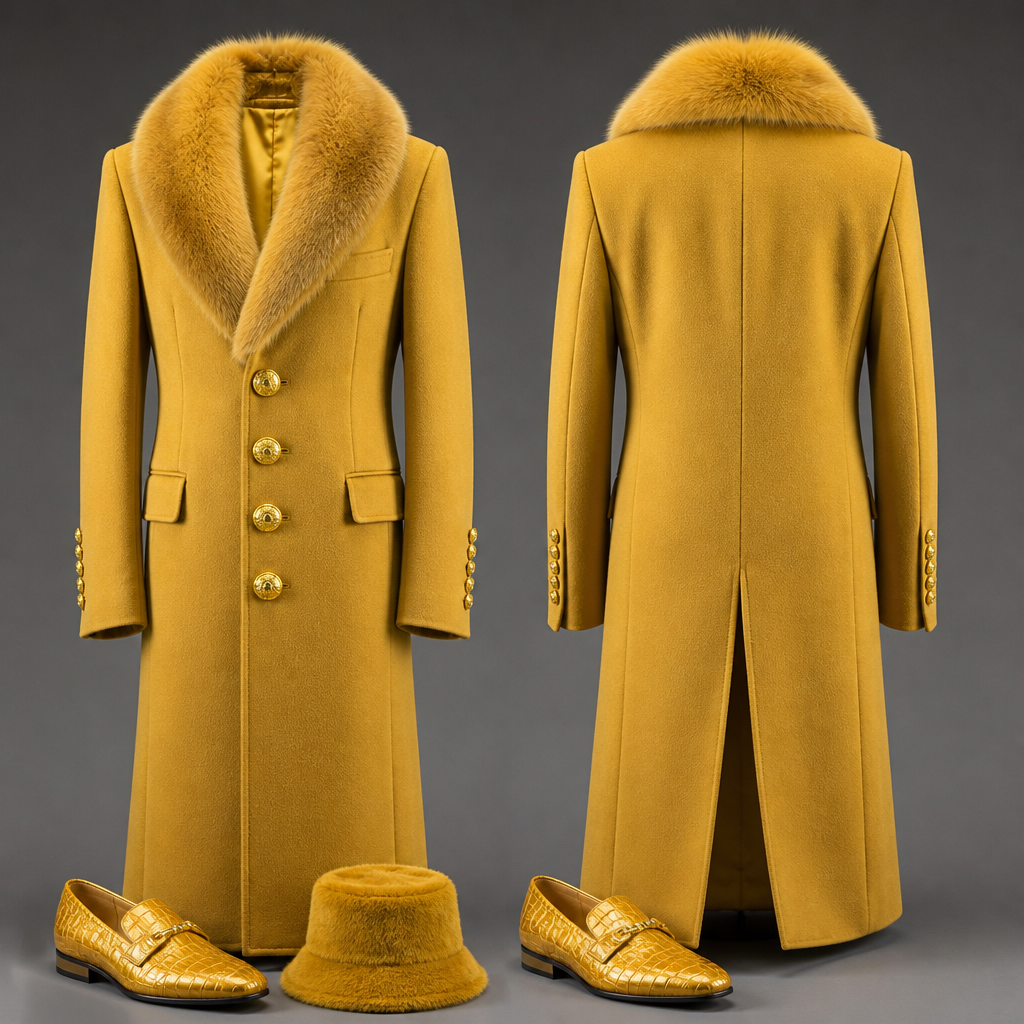 Men’s wool golden Long coat brass buttons six buttons on the sleeves and split in the back golden Fox collar golden wool bucket , golden gator leather shoes hat no model just outfit
photorealistic fashion design, Men’s wool golden Long coat brass buttons six buttons on the sleeves and split in the back golden Fox collar golden wool bucket , golden gator leather shoes hat no model just outfit , glamorous style, just the design no text, show front and back