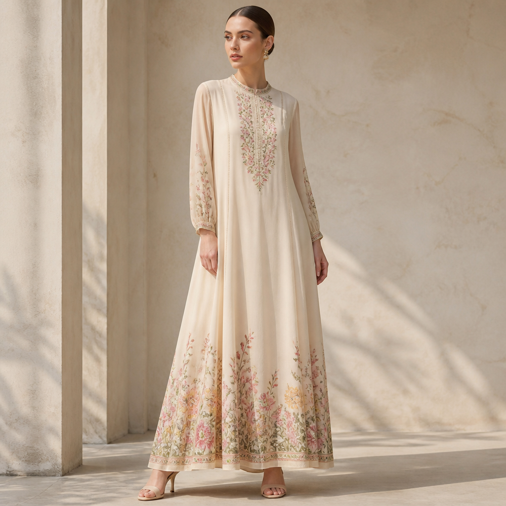 A Female Dress design, with modest, full coverage: longer hemlines, higher necklines and covered shoulders, suitable for Summer. HT fashion aesthetics. Current season is Summer in HT. Present it as professional fashion catalogue photography: the garment is the subject, shown full-length with editorial styling, neutral posing and tasteful, non-suggestive framing.
photorealistic fashion design, A Female Dress design, with modest, full coverage: longer hemlines, higher necklines and covered shoulders, suitable for Summer. HT fashion aesthetics. Current season is Summer in HT. Present it as professional fashion catalogue photography: the garment is the subject, shown full-length with editorial styling, neutral posing and tasteful, non-suggestive framing., just the design no text