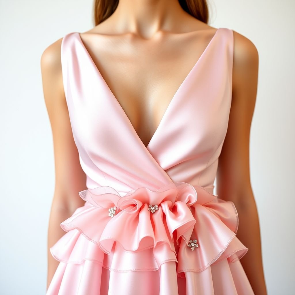 A oval v neck showing cleavage, light pink satin with ruffle at the end
Imagine a sophisticated evening gown featuring an elegant oval V-neck that subtly highlights the décolletage. Crafted from luxurious light pink satin, the fabric gracefully drapes, and intricate ruffles cascade from the hem, creating a soft, ethereal silhouette. Paired with delicate crystal embellishments, this design embodies romance and modern femininity.