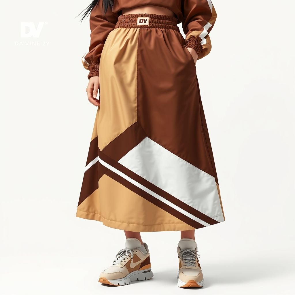 Streetrush women’s Street Sporty Academy Style, Street Hip-Hop Oversized midi skirt. These beige and brown Color-Block Design, windbreaker material skirt. Feature Multiple Stripes, white and dark brown Paneling Design, And Front And Back Pattern Designs, Along With A Creative Double Waistband. They Are Suitable For All-Season Wear, Embody Street Rock Aesthetics, And Are Perfect For Music Festivals And Everyday Outfits. This Style Reflects Y2K Streetwear , Women’s Two-Tone Outdoor Sports , Chicago Jersey , Streetwear , Streetwear skirt. Put “DV” somewhere on it. Create me a logo for my brand “Da’Vine” and put it up there also
Design a vibrant streetwear piece titled "Streetrush Women's Sporty Skirt." This oversized midi skirt features a contemporary beige and brown color-block design crafted from durable windbreaker material. Embellished with bold white and dark brown stripes, a creative double waistband, and a unique "DV" logo. Perfect for festival-ready flair, it embodies Y2K street aesthetics while celebrating urban culture—ideal for layering or pairing with chunky sneakers. Incorporate the brand logo "Da’Vine" prominently, merging music and fashion seamlessly for bold, confident wearers.