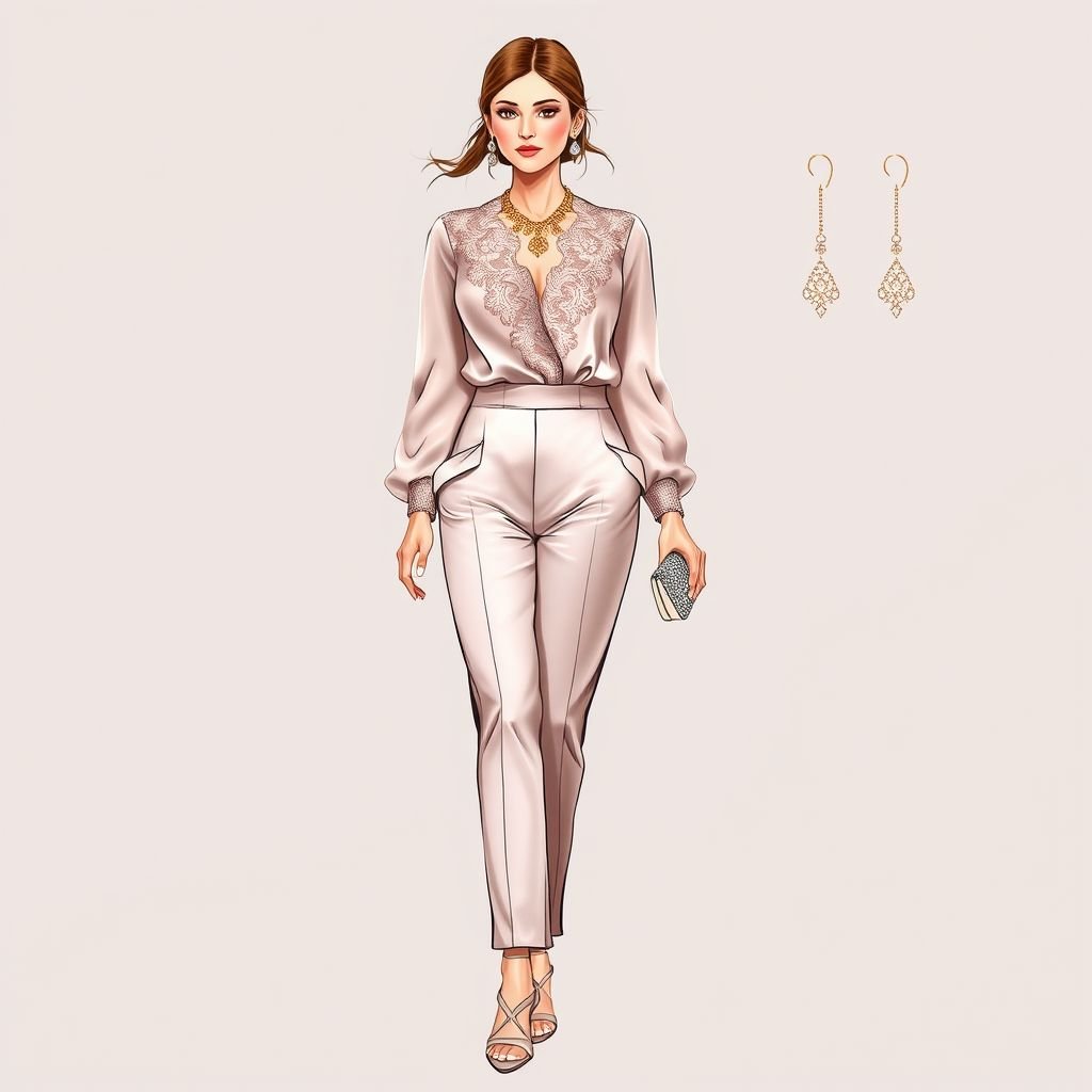 Chic, girly, stylish, luxurious
Envision a chic, girly ensemble that effortlessly exudes luxury. A flowing silk blouse adorned with intricate lace details, paired with tailored satin high-waisted trousers. Accentuated with opulent gold jewelry and a delicate, jeweled clutch. Complete the look with strappy, embellished heels that shimmer with every step, embodying sophistication and grace.