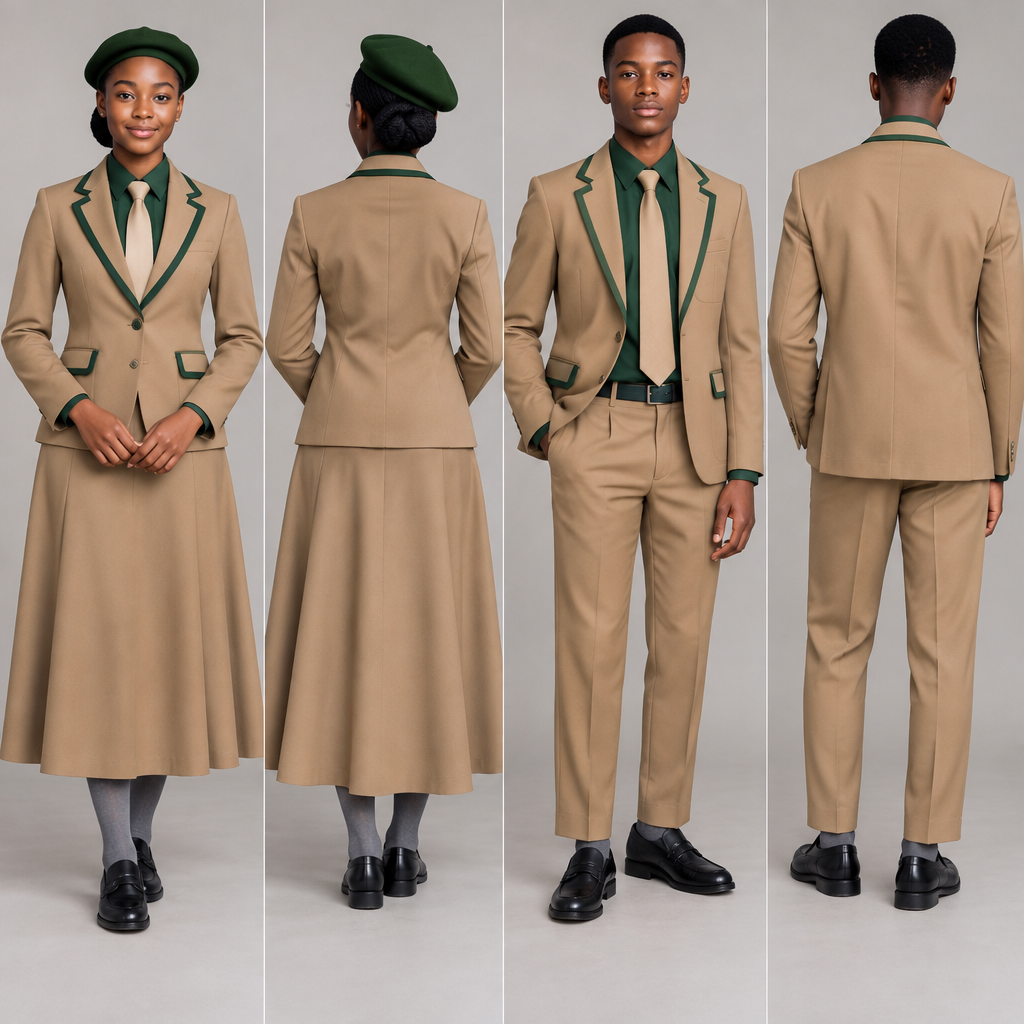 photorealistic fashion design, photorealistic fashion design, photorealistic fashion design, Design a light brown blazer with green accents for both male and female. Light brown arms .No writings on the blazer . Use black teenagers as models. show back and front face.
A fit and flare dress top half green and bottom half light brown,covering chest area,almost reaching ankles. Green barrett, light brown tie and grey socks for the female.
A light brown relaxed trouser reaching ankles. Green shirt,light brown tie and grey socks for the male.
Nice black school shoes for both. Both must be wearing blazer.. Design with modest coverage. Present it as professional fashion catalogue photography: the garment is the subject, shown full-length with editorial styling, neutral posing and tasteful, non-suggestive framing., just the design no text, show front and back. Refinement: bit more accents , just the design no text. Refinement: not on the dress , just the design no text. Refinement: no green accents on bottom half of dress
Use previous brown
photorealistic fashion design, photorealistic fashion design, photorealistic fashion design, photorealistic fashion design, Design a light brown blazer with green accents for both male and female. Light brown arms .No writings on the blazer . Use black teenagers as models. show back and front face.
A fit and flare dress top half green and bottom half light brown,covering chest area,almost reaching ankles. Green barrett, light brown tie and grey socks for the female.
A light brown relaxed trouser reaching ankles. Green shirt,light brown tie and grey socks for the male.
Nice black school shoes for both. Both must be wearing blazer.. Design with modest coverage. Present it as professional fashion catalogue photography: the garment is the subject, shown full-length with editorial styling, neutral posing and tasteful, non-suggestive framing., just the design no text, show front and back. Refinement: bit more accents , just the design no text. Refinement: not on the dress , just the design no text. Refinement: no green accents on bottom half of dress
Use previous brown, just the design no text