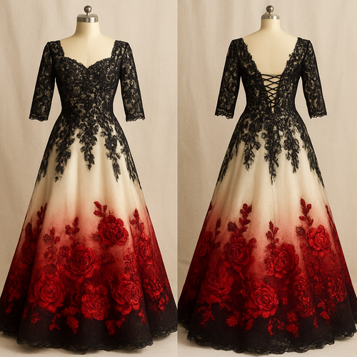 Lace Black A-line 1/3 lace sleeves wedding dress with ivory underlining. Corset back, with embroidered sequin beading on the top. The bottom fades into red with embroidered red sequined roses.