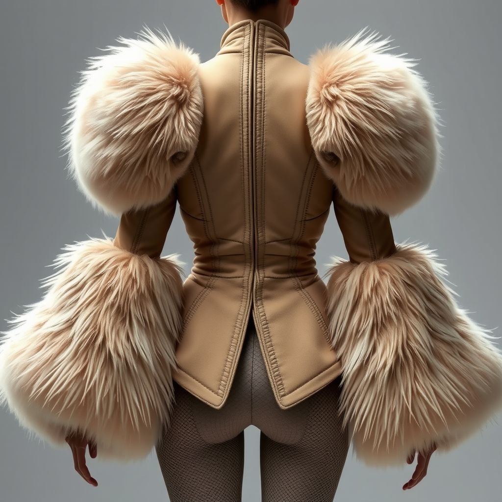 A technical flat drawing with a puffy layered effect added stitching details and front and back views covered in fur and long
Imagine a high-fashion, avant-garde piece featuring a dramatic puffy layered silhouette. This design showcases intricate stitching details, creating texture and depth. The front reveals a structured bodice, while the back flows with cascading fur panels, evoking elegance and warmth. Long, sweeping sleeves add a touch of theatrical flair. Perfect for bold fashion statements.