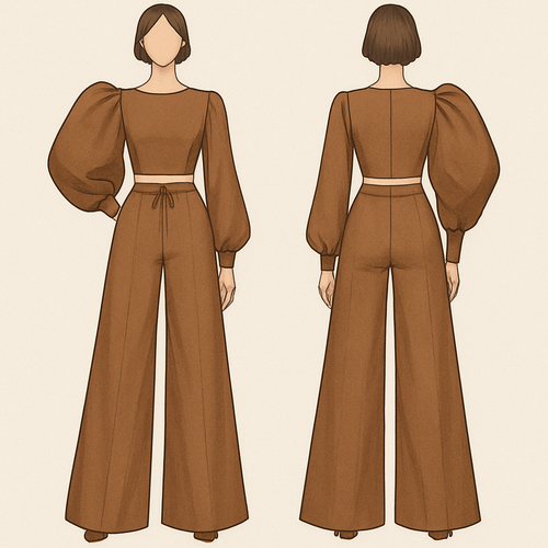 A lovely two piece with an exaggerated sleeve and pant size.