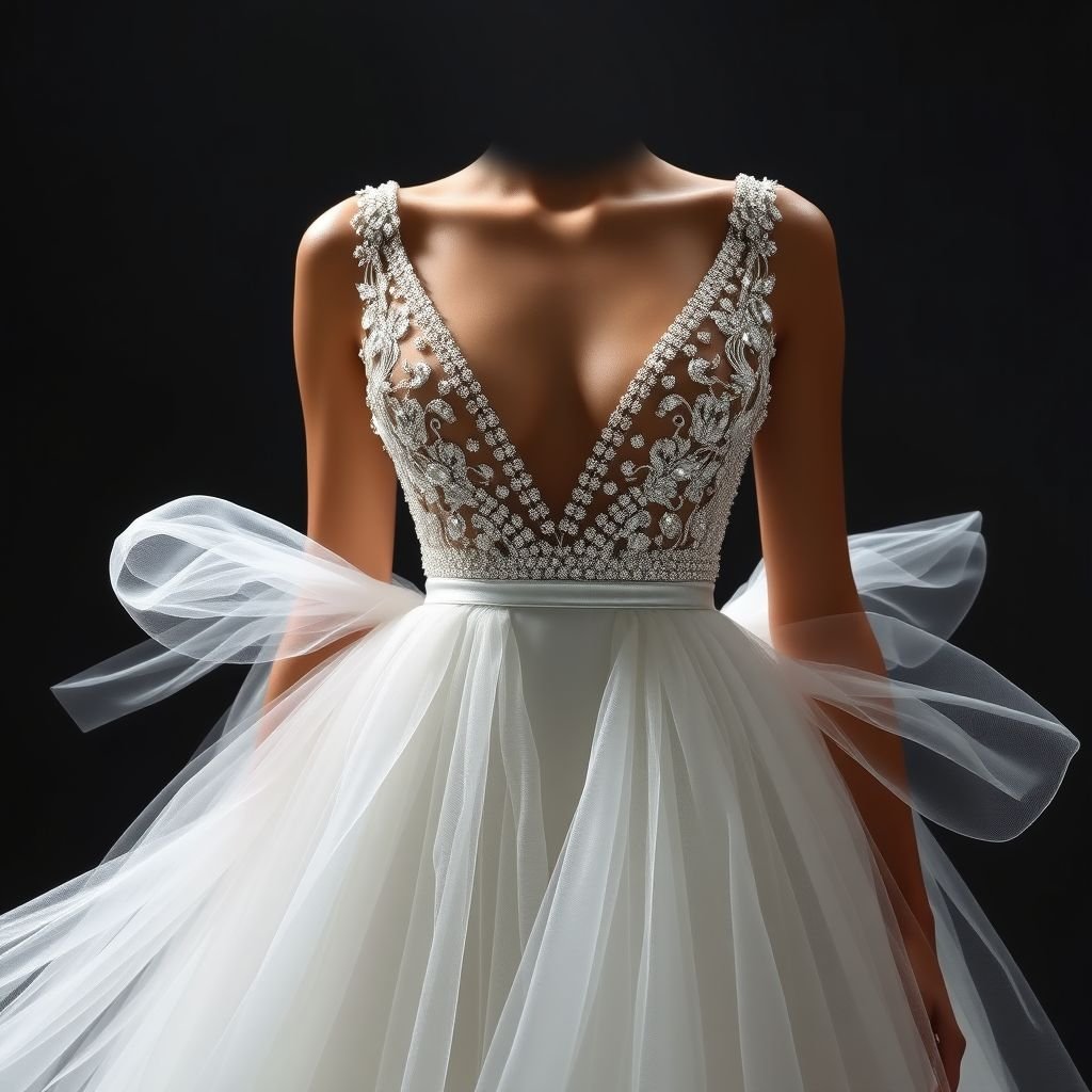 2. Upper Part: • Deep V-shaped neckline starting from the shoulders down to the underbust area. • The neckline is heavily adorned with white crystal embellishments, which are densest at the top and gradually decrease downward. • A thin, sash-like white belt wraps around the waist. 3. Lower Part: • From the waist down, the fabric falls straight, made of very lightly layered and slightly voluminous white tulle or organza. • The volume is minimal, creating a natural and elegant look. • The delicate fabric begins where the crystal embellishments end. 4. Color and Fabric: • The main fabric is white, made of shiny satin or silk. • The crystals or pearls embellishing the neckline and bust are in crystal or pearl tones. • The lower part’s fabric is white, slightly transparent, and has a flowing movement. 5. Details: • The back can be open or feature thin straps. • Sleeves are either absent or very thin straps are preferred.
Create a sophisticated evening gown characterized by a bold deep V-shaped neckline that accentuates the décolletage. Adorned with sparkling white crystals, the neckline seamlessly transitions to a sleek waist accentuated by a delicate sash. The flowing lower part of soft, ethereal tulle cascades elegantly, enhancing movement and grace with every step. A captivating fusion of opulence and minimalism.