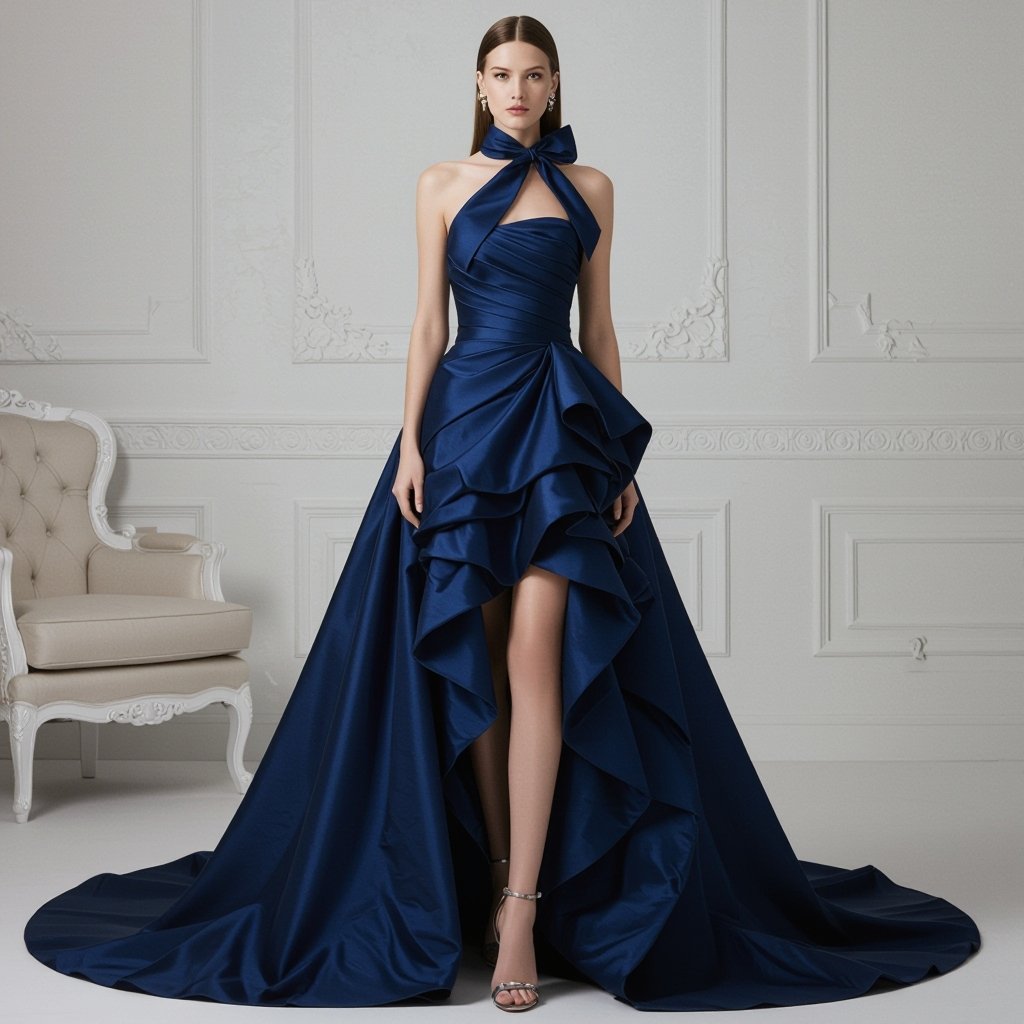 Strapless dress with ruffles from the waist down, with a bow at the neck that hangs free and hanging down the back
Glamorous fashion: Strapless silk dress, ruffles from waist, sweeping train. Elegant bow at neck, long ends cascade down back.