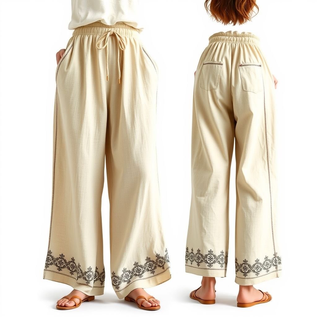 Loose linen pants
Design a pair of loose linen pants featuring an oversized, flowing silhouette that softly drapes around the body. Incorporate intricate embroidery along the seams and a natural earth-tone color palette. Add an adjustable drawstring waist for comfort, and envision the pants paired with a lightweight linen top for a breezy, effortless look.