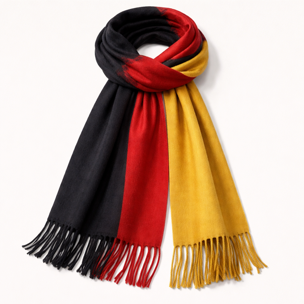 Make a scarf that is inspired by the Germany flag. No logos just longitudinal lines . Not horizontal lines
Make a scarf that is inspired by the Germany flag. No logos just longitudinal lines . Not horizontal lines , classic style