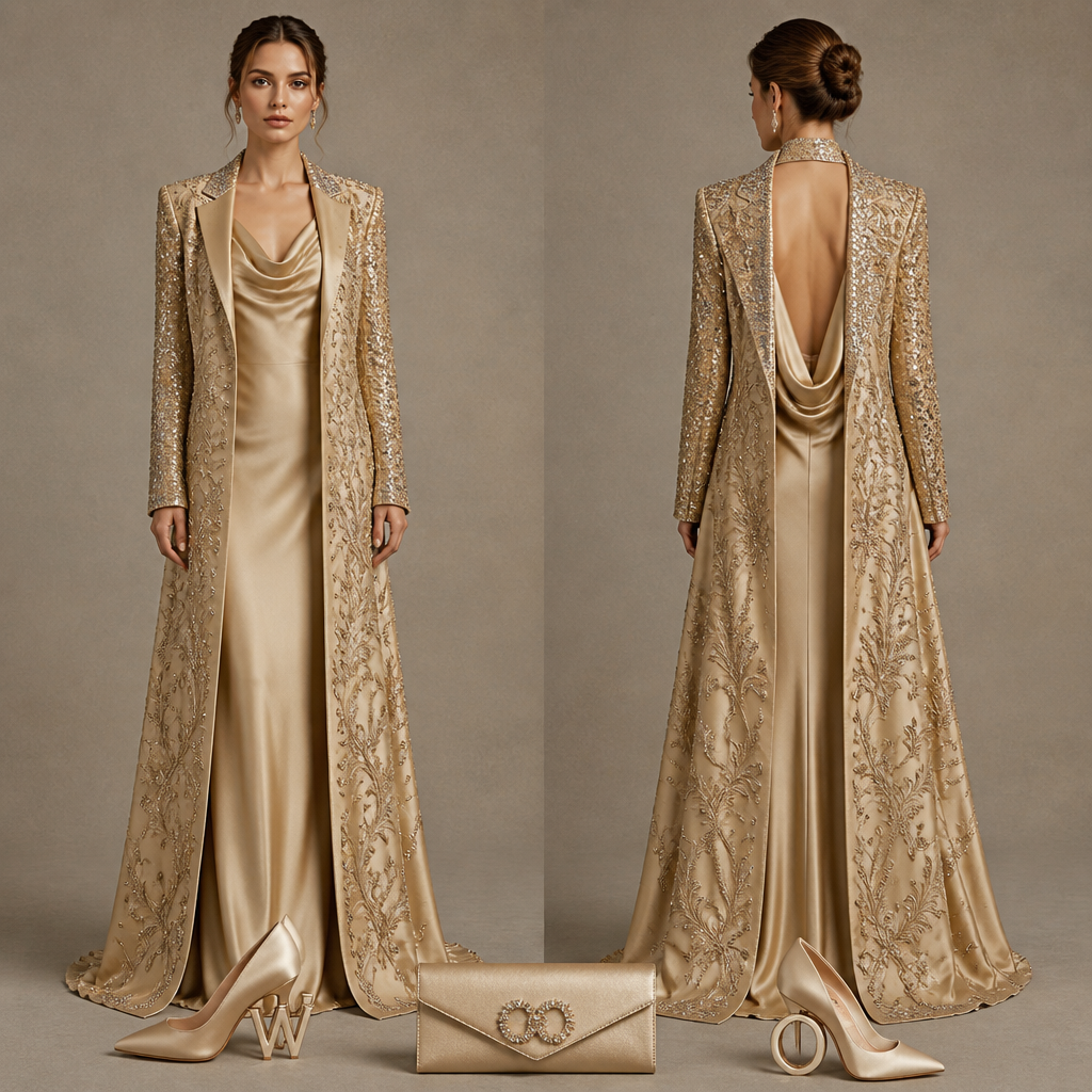 Long blazer Champagne color with embroidery on the front and back and some sequins on the sleeves and collar with a matching dress with a cowl neckline in solid raw silk In champagne color that matches the lining of the jacket the back has a scoop back like a cowl deep back low with matching champagne color raw silk shoes with custom heels one is in the shape of a W and the other is a O matching bag envelope style in champagne color with two initials in diamonds a W and a O , putting shoes , bag on the floor
photorealistic fashion design, Long blazer Champagne color with embroidery on the front and back and some sequins on the sleeves and collar with a matching dress with a cowl neckline in solid raw silk In champagne color that matches the lining of the jacket the back has a scoop back like a cowl deep back low with matching champagne color raw silk shoes with custom heels one is in the shape of a W and the other is a O matching bag envelope style in champagne color with two initials in diamonds a W and a O , putting shoes , bag on the floor , haute_couture style, just the design no text, show front and back